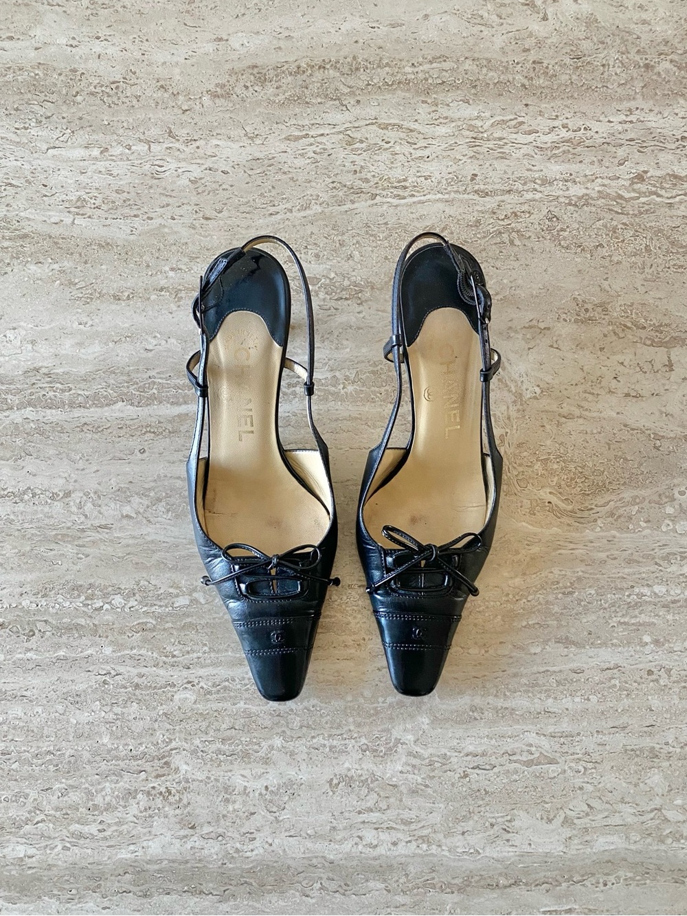 Vintage Chanel Lace-up CC Slingback Heels